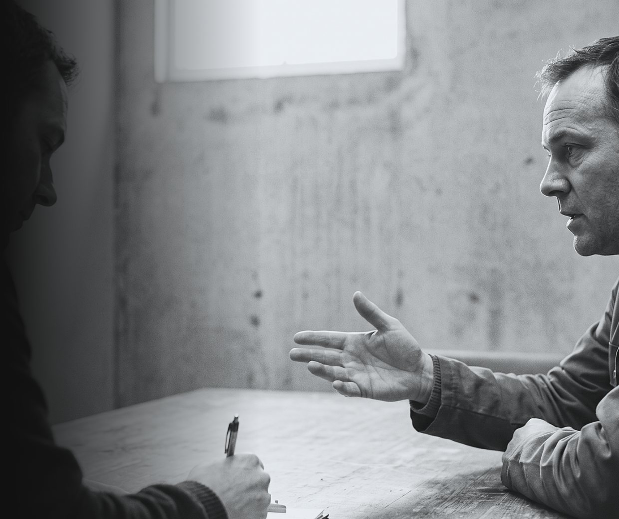 Dos personas conversando sobre un proyecto, uno explica y el otro toma notas