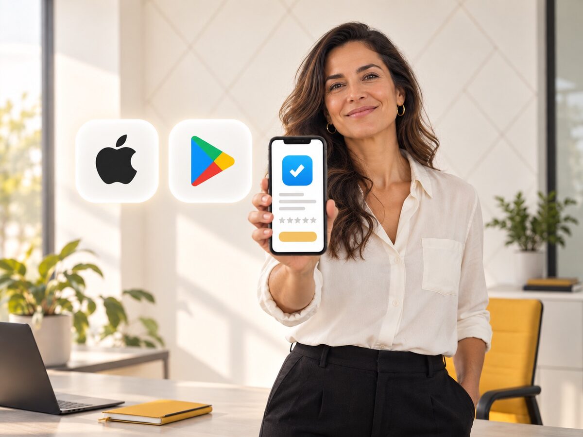 Empresaria con su aplicación publicada en App Store y Google Play